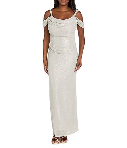 R & M Richards Petite Size Long Crinkle Pleated Dress With Cowl Neckline And Cold Shoulder