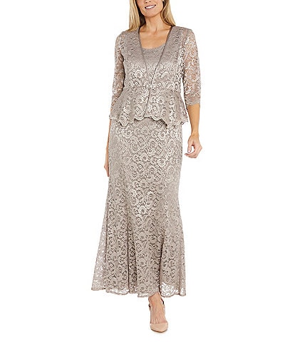 R & M Richards Petite Size Scallop Lace Charmeuse Metallic Mermaid Jacket Dress