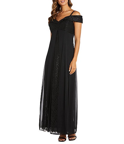 R & M Richards Petite Size Portrait Off-the-Shoulder Cap Sleeve Sweetheart Neck Chiffon Overlay Glitter Lace Gown