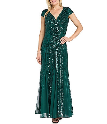 R & M Richards Petite Size Sequin Mesh Godet Gown