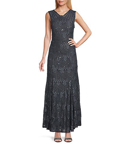 R & M Richards Petite Size Sleeveless Lace Round Neck Fit and Flare Dress