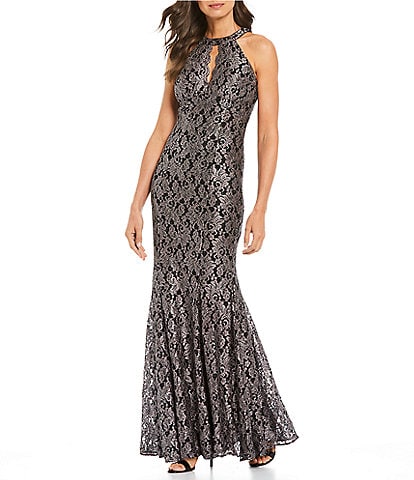 R & M Richards Petite Size Stretch Glitter Lace Sleeveless Halter Neck Scallop Keyhole Mermaid Gown