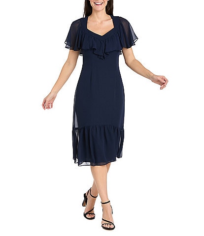 R & M Richards Petite Size Sweetheart Neck Drop Waist Midi Dress