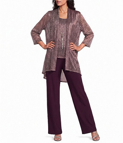 R & M Richards Pleated Crinkle Metallic Scoop Neck 3/4 Sleeve 3-Piece Pant Set