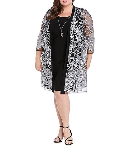 R & M Richards Plus Size 2 Piece Contrast Embroidered Duster Jacket Dress