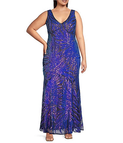 R & M Richards Plus Size 2 Tone Rainbow Sequin Sheath Dress
