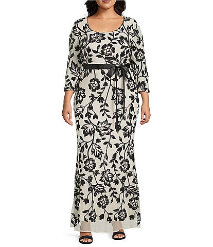 R & M Richards Plus Size 2 Tone Trelliss Floral Embroidered Sequin Scoop Neck 3/4 Sleeve Gown