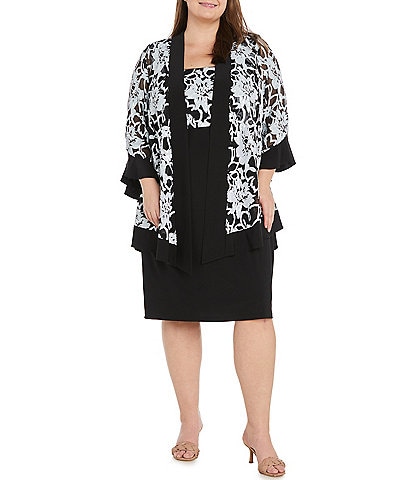 R & M Richards Plus Size 3/4 Ruffle Sleeve Crew Neck Embroidered Sequin 2-Piece Jacket Dress