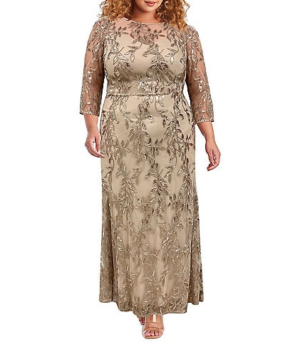 R & M Richards Plus Size 3/4 Sleeve Round Illusion Neck Embellished Sequin Mermaid Gown