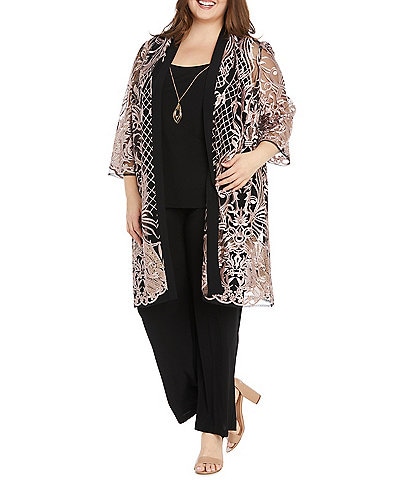 R & M Richards Plus Size 3/4 Sleeve Scoop Neck Embellished Sequin Jacket 3-Piece Pant Set
