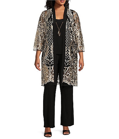 R & M Richards Plus Size 3/4 Sleeve Scoop Neck Embellished Sequin Jacket 3-Piece Pant Set