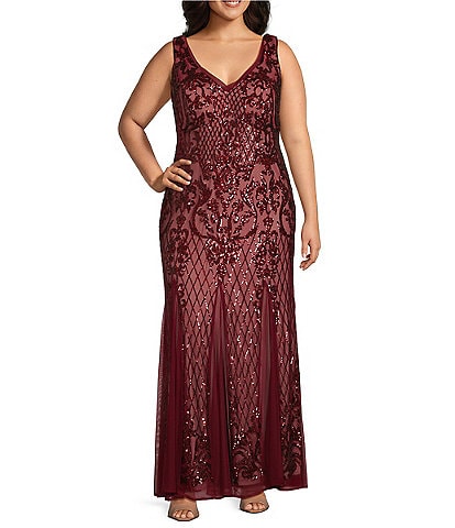 R & M Richards Plus Size Beaded Lace Sequin Mesh V-Neck Sleeveless Mermaid Gown