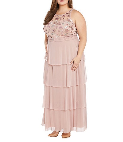 R & M Richards Plus Size Chiffon Sleeveless Embellished Sequin Illusion Sweetheart Neck Tiered Skirt A-Line Dress