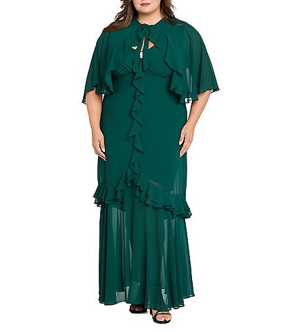R & M Richards Plus Size Crepe Chiffon 2-Piece Short Sleeve Capelet Ruffle Gown