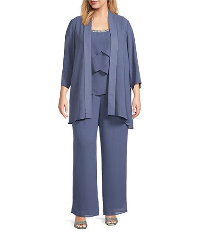 R & M Richards Plus Size Crepe Chiffon 3/4 Sleeve 3-Piece Pantsuit