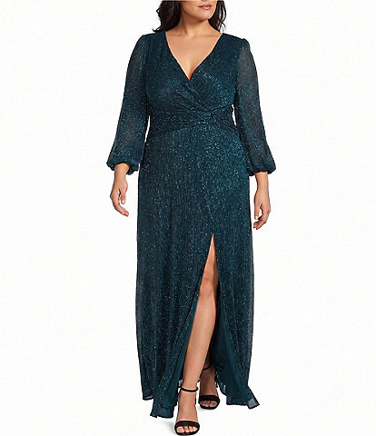 R & M Richards Plus Size Crinkle Pleated 3/4 Balloon Sleeve Long Dress