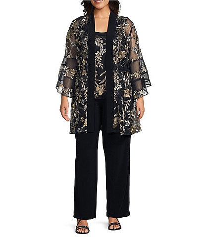 R & M Richards Plus Size Embroidered Mesh 3/4 Bell Sleeve 2-Piece Pantsuit