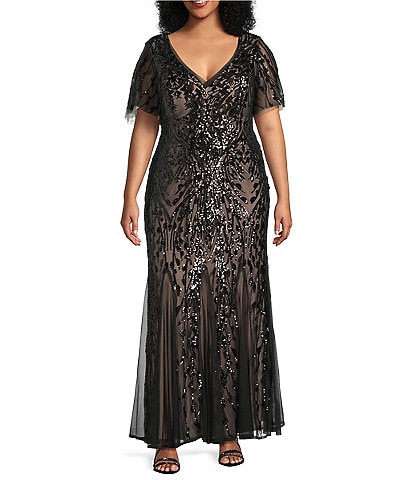 R & M Richards Plus Size Embroidered Sequin Power Mesh Empire Waist Short Flutter Sleeve Gown