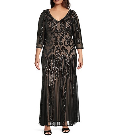 R & M Richards Plus Size Embroidered Sequin Power Mesh V-Neck 3/4 Sleeve Godet Skirt Gown