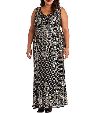 R & M Richards Plus Size Embroidered Sequin V-Neck Sleeveless Gown