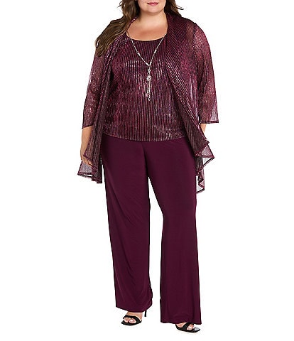 R & M Richards Plus Size Festival Hologram Sequin 3-Piece Duster Pant Set