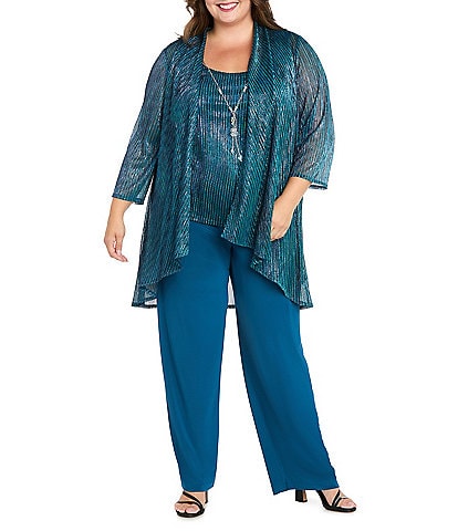 R & M Richards Plus Size Festival Hologram Sequin 3-Piece Duster Pant Set