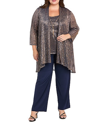 R & M Richards Plus Size Festival Hologram Sequin 3-Piece Duster Pant Set