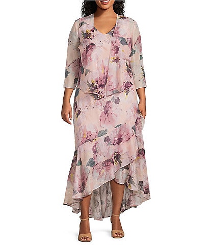 R & M Richards Plus Size Floral Print Chiffon Bolero 3/4 Sleeve Asymmetrical Ruffle Hem 2-Piece Jacket Dress