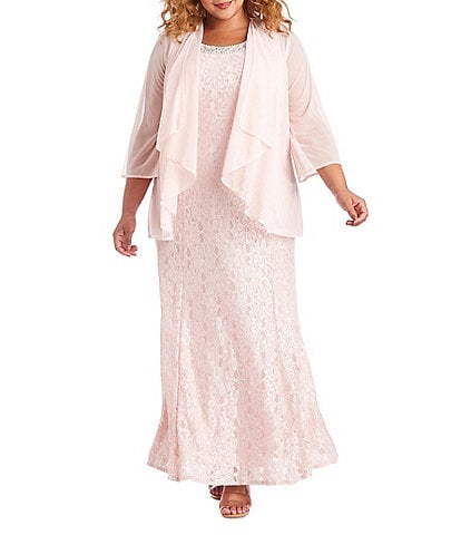 R & M Richards Plus Size Glitter Lace Beaded Round Neck 3/4 Sleeve 2-Piece Jacket Gown