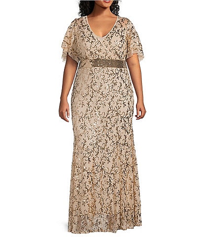 R & M Richards Plus Size Godet Skirt V-Neck Short Flutter Sleeve Sequin Power Mesh Dress