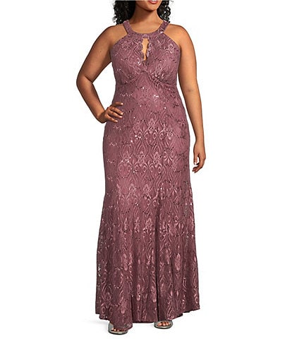 R & M Richards Plus Size Keyhole Neck Glitter Lace Mermaid Gown