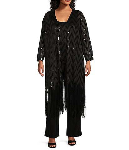 R & M Richards Plus Size Long Sleeve Scoop Neck Chevron Embellished Sequin Fringe Power Mesh 3-Piece Pant Set