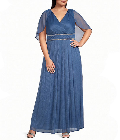 R & M Richards Plus Size Matte Jersey Chiffon V-Neck Caplet Overlay Rhinestone Gown