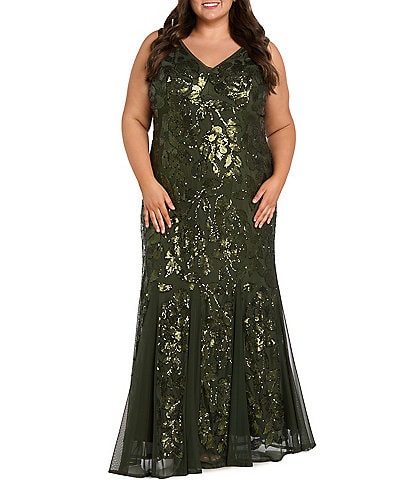 R & M Richards Plus Size Matte Sequin Mesh Long Dress