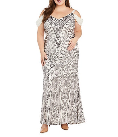 R & M Richards Plus Size Mesh Jersey Chiffon Cold Shoulder Sleeve Sweetheart Neck Embroidered Sequin Dress