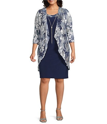 R & M Richards Plus Size Metallic Foil Print 2-Piece Jacket Dress