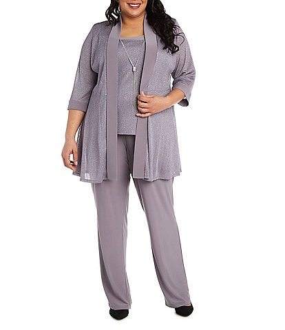 R & M Richards Plus Size Metallic Knit 3/4 Sleeve Open Front 3 Piece Jacket Pant Set