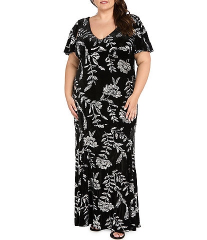 R & M Richards Plus Size Midnight Petal Sequin Long Dress