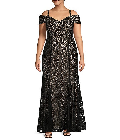 R & M Richards Plus Size Off-the-Shoulder Cap Sleeve Stretch Lace Mermaid Gown