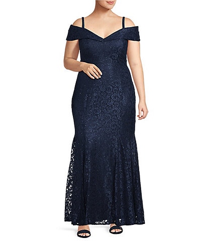 R & M Richards Plus Size Off-the-Shoulder Cap Sleeve Stretch Lace Mermaid Gown