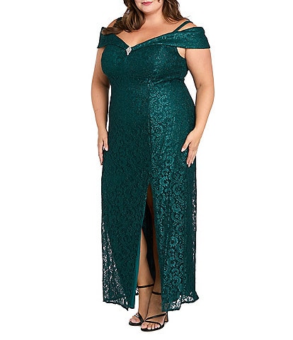 R & M Richards Plus Size Off The Shoulder Long Stretch Lace Dress