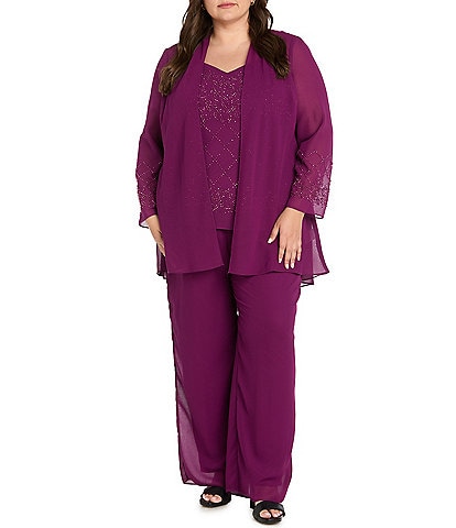 R & M Richards Plus Size Pebble Georgette Caviar Beaded 3-Piece Set