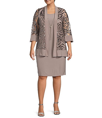 R & M Richards Plus Size Scoop Neck 3/4 Sleeve Embellished Sequin Jersey 2-Piece Jacket Dress
