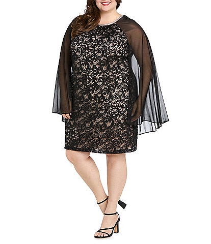 R & M Richards Plus Size Sequin Lace Rhinestone Crew Neck Trim Sheath Capelet Dress