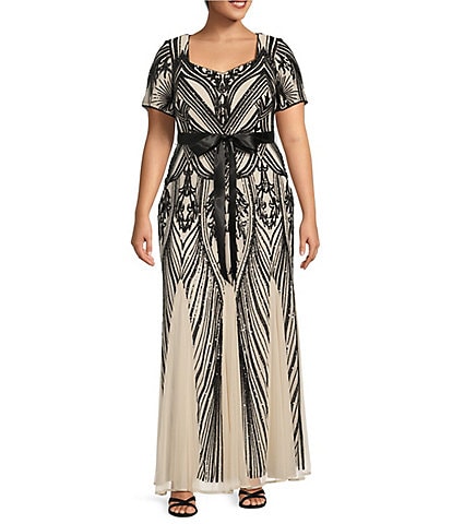 R & M Richards Plus Size Short Sleeve Sweetheart Neck Embellished Sequin Gown