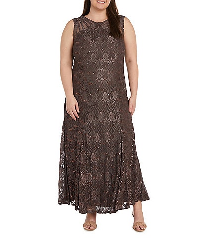 R & M Richards Plus Size V-Neck Sequin Sleeveless Lace Fit and Flare Dress