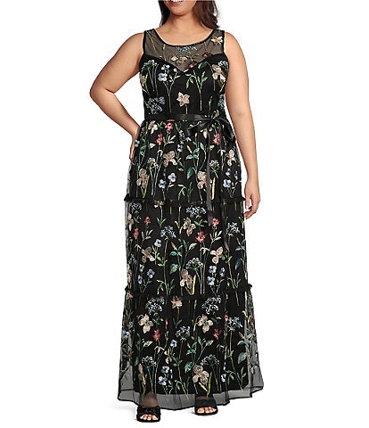 R & M Richards Plus Size Sleeveless Sweetheart Illusion Neck Floral Embroidered Dress