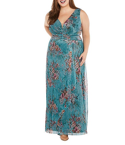 R & M Richards Plus Size Sleeveless V-Neck Ruched Waist Floral Print Gown