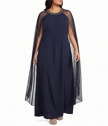 R & M Richards Plus Size Stretch Satin Long Mesh Caplet Beaded Neck Long Dress