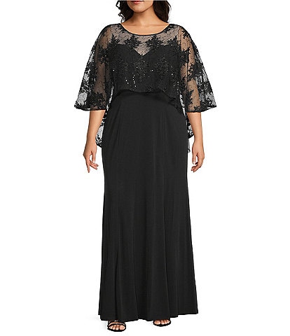 R & M Richards Plus Size Sweetheart Neck Embroidered Sequin Mesh Cape Overlay Dress